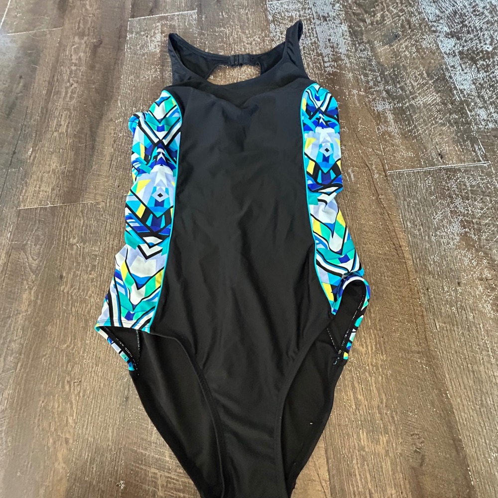 Catalina Women Black Geometric Side One Piece Swimsuit High Neck Large 12-14